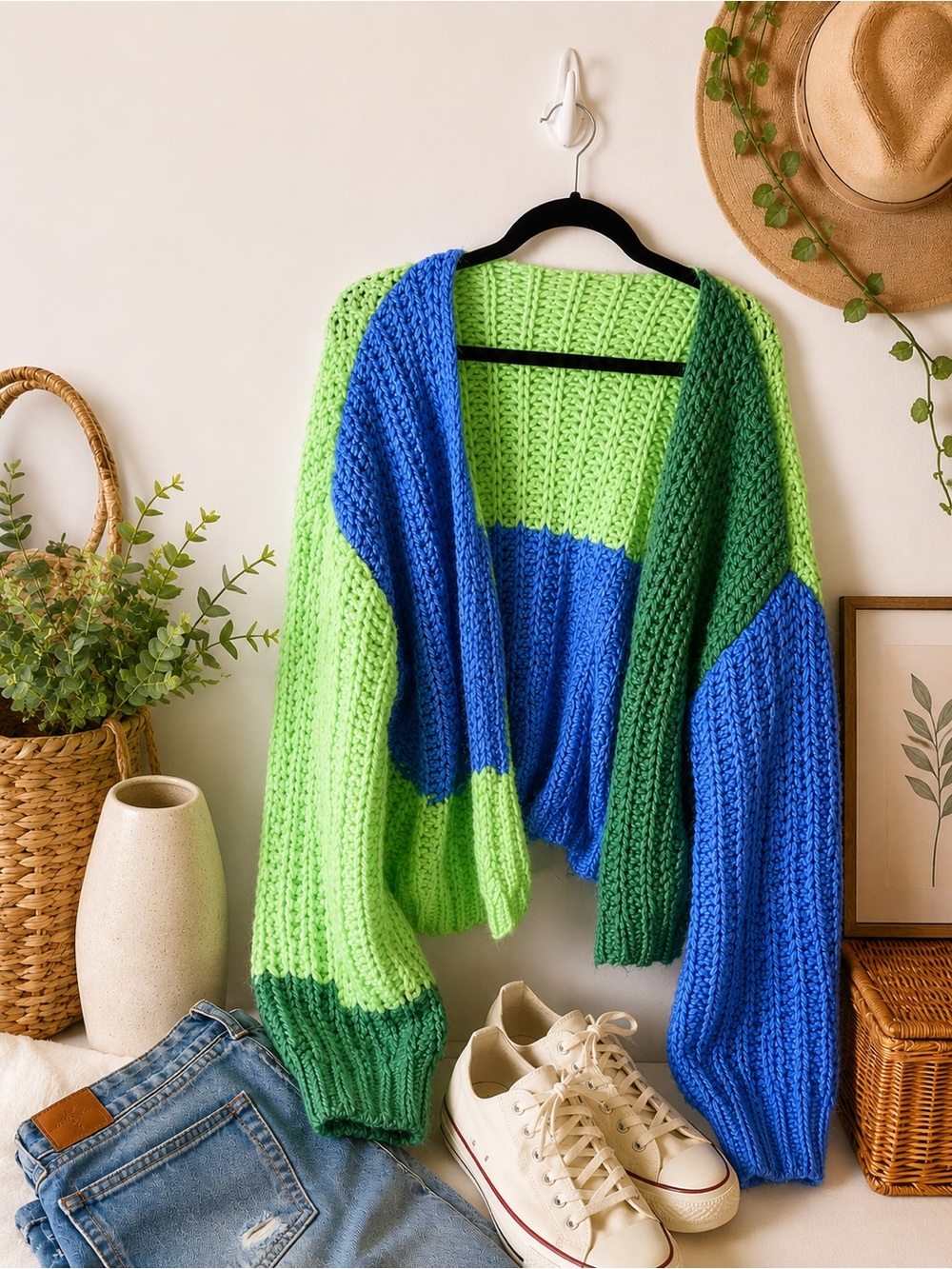 Wild Fable Chunky Y2K Knit Colorblock Cardigan Green Blue Open Front XXL - Picture 1 of 5